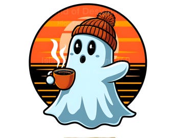 Spooky Cute Ghost PNG | Cozy Autumn Coffee Digital Download | Halloween Sublimation