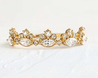 Anillo de corona de moissanita, banda de tiara de circonita cúbica marquesa, realzador de boda de oro