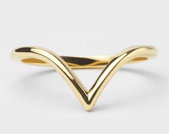 14K Yellow Gold Curved Chevron Wedding Band, Dainty V Shape Stacking Ring