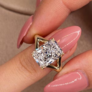 Radiant Cut Solitaire Ring, Split Shank Gold Engagement Moissanite Bridal Jewelry