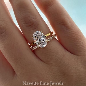Oval Moissanite Engagement Ring Set: 14K Yellow Gold Pave Wedding Band