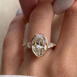 Oval Bezel Ring, 14k Solid Gold Solitaire Moissanite Engagement Ring, Minimalist Statement Band