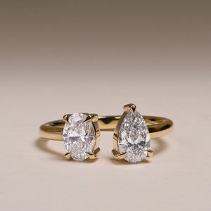 14k Gold Toi et Moi Ring: Pear & Oval Moissanite Two Stone Ring