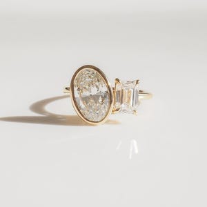 Moissanite Toi et Moi Ring: 14k Gold Oval & Emerald Cut Engagement Ring
