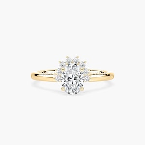 Floral Halo Moissanite Engagement Ring: 14K Yellow Gold Vintage Bridal
