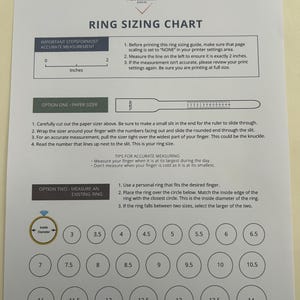 Puede incluir: Una tabla de tallas de anillos de Navetteline Jewelry impresa en papel blanco. Incluye una regla de 2 pulgadas para escala, una guía de medición de papel para recortar y una serie de círculos numerados del 3 al 14 para medir el diámetro interior.