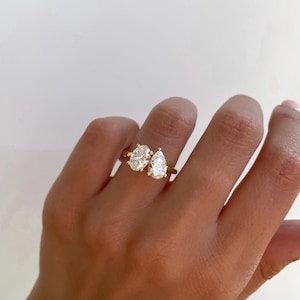 Toi et Moi Moissanite Ring: 2.84 TCW Oval & Pear, 14k Gold Two Stone Ring