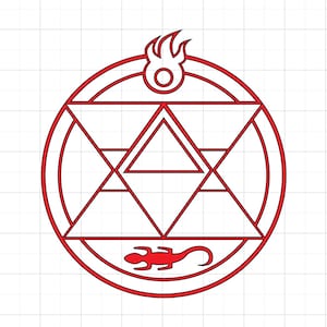 May include: Red alchemical symbol with geometric shapes, including triangles, circles, and a stylized flame at the top. A lizard-like figure is at the bottom. The design is on a white grid background.