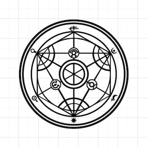 May include: Black and white circular alchemical symbol with intricate geometric patterns. The design features intersecting lines, circles, and various symbols, including a star, crescent, and other stylized shapes. The symbol is centered on a white grid background.