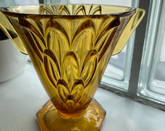 Vintage 1930's Stolzle Amber Pressed Glass Vase Pattern Number 19083