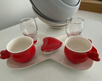 Vintage 40's or 50's Breakfast Ceramic Tray Full set. Red & White