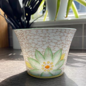 May include: A white ceramic planter with a brown and white patterned design. The planter features a green and yellow flower with a yellow centre.