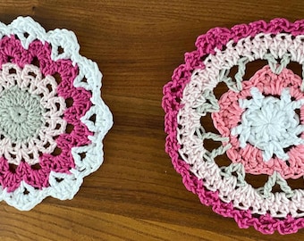 Modern Handmade Crochet Mandala Doilies A Pair. Shades of Pink.