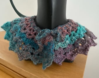 Handmade Lacy Crochet Chunky Collar Multi Blue & Pinks Tie Neck one size