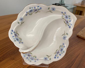 Vintage Richmond Bone China Blue Rock Double Compartment Leaf Shape Serving Dish