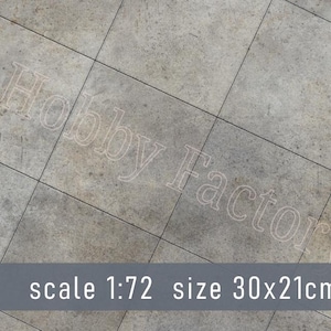Könnte beinhalten: Graue, strukturierte Oberfläche mit einem Rastermuster, mit dem Text "Hobby Factory" und den Abmessungen "Maßstab 1:72 Größe 30x21cm". Die Oberfläche ist durch dunkle Linien in quadratische Fliesen unterteilt.
