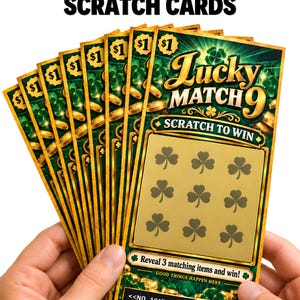 May include: A fan of rectangular scratch-off lottery cards with a green and gold clover theme. The cards feature the text Lucky MATCH 9, SCRATCH TO WIN, and Reveal 3 matching items and win! along with a barcode and the text NO. 10172026 and ATTP 047.