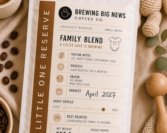 May include: A white coffee bag labeled Brewing Big News Coffee Co. Family Blend with a brown side panel reading Little One Reserve. The label features icons for tasting notes, process, origin, and harvest date of April 2027, with a net weight of 250 g.