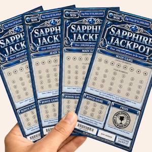 May include: Four Sapphire Jackpot scratch-off lottery tickets with a blue and silver color scheme. Each ticket features a diamond graphic, the text Sapphire Jackpot, a main game section with lucky numbers, and a bonus game area with a trophy icon.