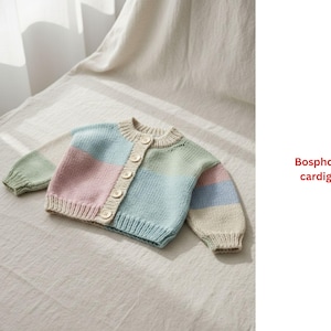 May include: A pastel-colored knitted cardigan with a matching hat. The cardigan features a button-up front and is divided into sections of blue, pink, and green. The text "Bosphoros cardigan" is visible.