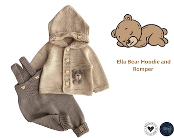 Ella Bear Hoodie and Romper Knitting Pattern Set | Baby Hoodie, Overalls, Straps, Crochet Bear Motif | PDF Knitting Pattern- Baby Knitt set