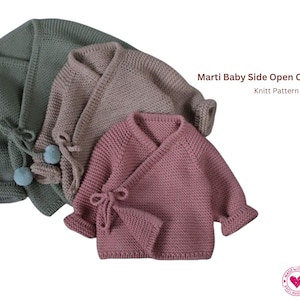 May include: Three knitted baby cardigans in shades of green, pink, and mauve. The cardigans have a wrap-style design with tie closures and are labeled "Marti Baby Side Open Cardigan Knitt Pattern". The green cardigan has blue pom-poms.