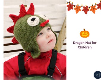 Patrón de gorro de dragón para niños / Gorro con orejeras, pinchos y ojos / Gorro de dinosaurio para niños (PDF) / Tallas de 3 a 12 años - Gorro de Halloween