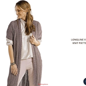May include: A longline vest knit pattern in a mauve color. The vest is open-fronted and has a textured knit design. The image also includes the text "LONGLINE VEST - KNIT PATTERN".