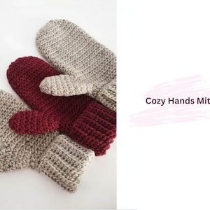 May include: A selection of hand-knitted mittens in grey and burgundy. The mittens are made from a thick, textured yarn, ideal for keeping hands warm. The image also includes the text "Cozy Hands Mittens".