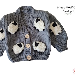 May include: A gray knit cardigan with a V-neck and wooden buttons. The sweater features white and black sheep appliqués. The text "Sheep Motif Crop Cardigan" is visible in the upper right corner. The cardigan is a knit pattern.