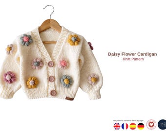 Daisy Flower Baby Cardigan Knitting Pattern, Aran Cardigan Pattern, Baby Sweater Knit Pattern, Toddler Cardigan PDF, Button Cardigan