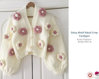 Daisy Motif Crop Cardigan Pattern – Cozy Knitwear – Crochet Flower Detail – Elegant Layering Cardigan – Adult Sizes S–M-L-XL- Girls Cardigan