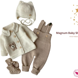 May include: A cream-colored baby shower set featuring a knitted jacket with a teddy bear applique, matching overalls, a hat with bear ears, and booties. The set includes the text "Magnum Baby Shower Set" and "Knitt Pattern".