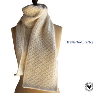 May include: A cream-colored Trellis Texture Scarf displayed on a mannequin. The scarf has a repeating diamond pattern and is draped to show its texture. The text "Trellis Texture Scarf" is visible on the right side of the image.