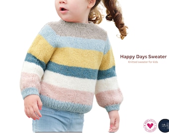Modèle de tricot de pull Happy Days - Pull rayé confortable pour enfants - À porter au quotidien - Cadeau fait main - Modèle de pull pour enfants - Pull coloré