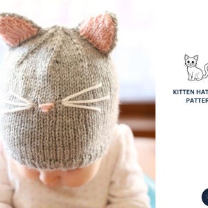May include: A gray knitted kitten hat with pink ears, white whiskers, and a pink nose. The hat is on a baby. The text "Kitten Hat Baby Pattern" is on the right side of the image. A small cat illustration is also present.