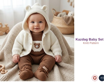 Mazdas Baby Set Knitting Pattern – Hooded Coat, Teddy Bear Overalls, Booties PDF- Baby Shower and Baby Birthday Set- Baby Gift Set