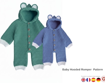 Baby Hooded Romper Crochet Pattern | Dungaree Suit | Overall Onesie with Hood | 0-24 Months Sizes | PDF Download- Romper for baby gift