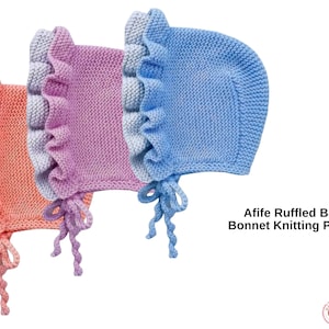 May include: Three knitted baby bonnets in coral, lavender, and blue, each with a ruffled edge and tie closure. The text "Afife Ruffled Baby Bonnet Knitting Pattern" is displayed on the right side.