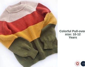 Four Color Raglan Sweater Knitting Pattern for Boys 10–12 Years, Top Down Knit Sweater, Striped Children Pullover PDF