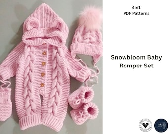 Snowbloom Baby Romper Set | Knitting Pattern PDF | Romper Cap Booties Mittens | Newborn Cable Outfit | Baby Knit Pattern Set-Baby Romper Set