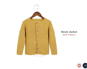 Beste Jacket Knitting Pattern – Kids Raglan Cardigan PDF – Textured Button Front Sweater – Sizes 1 to 10 Years- Beste Cardigan for Children