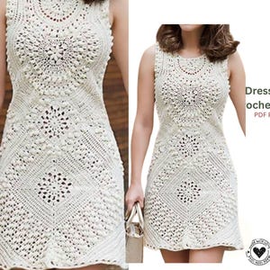 Pode incluir: Vestido de crochê sem mangas, cor creme, com decote redondo e intrincados padrões florais e geométricos. O vestido tem comprimento até o joelho e apresenta o texto "Dress from Crochet Motifs PDF Pattern".