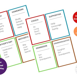 Op de afbeelding: Een verzameling kleurrijke kaarten met woorden als "Erven", "Huiswerk" en "Bank". Elke kaart heeft een verschillend gekleurde rand en bevat gerelateerde woorden. De afbeelding bevat ook de tekst "Digitale download" en "76 kaarten".