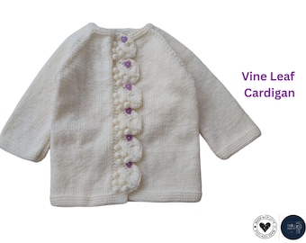 Vine Leaf Baby Cardigan Knitting Pattern PDF – Textured Leaf Button Band – Top Down Raglan – Baby Sweater Pattern- Children Cardigan Gift