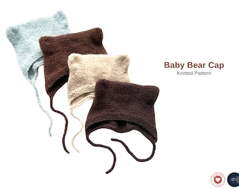 Baby Bear Cap Knitting Pattern – Baby Hat with Ears – Infant Bonnet PDF – Knit Baby Hat Pattern – Sizes 0-24 Months- Cap for Baby Knitt Gift