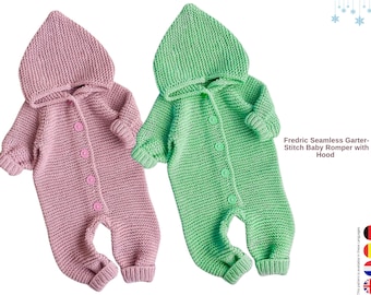 Seamless Garter-Stitch Baby Romper with Hood | Knitting Pattern | Sizes 0–3 Months & 3–6 Months | Unisex Baby Outfit- Romper Gift