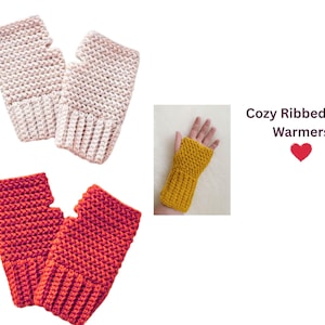 May include: Cozy ribbed arm warmers in three colors: light beige, red-orange, and mustard yellow. The arm warmers are fingerless and made of a knitted material. The image also includes the text "Cozy Ribbed Arm Warmers" and a red heart.