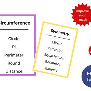 以下が含まれることがあります： 数学用語が書かれた2枚のフラッシュカード。紫色のフレームのカードには「円周」と関連用語が記載されています。黄色のフレームのカードには「対称性」と関連用語が記載されています。赤い星には「数学を向上させる」と書かれています。
