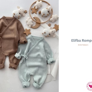 May include: Two knitted baby rompers, one in light brown and the other in light blue, are displayed. The rompers have long sleeves and a wrap-style front with tie closures. A mobile with sheep and star ornaments is in the background. The text "Elifba Romper" is visible.